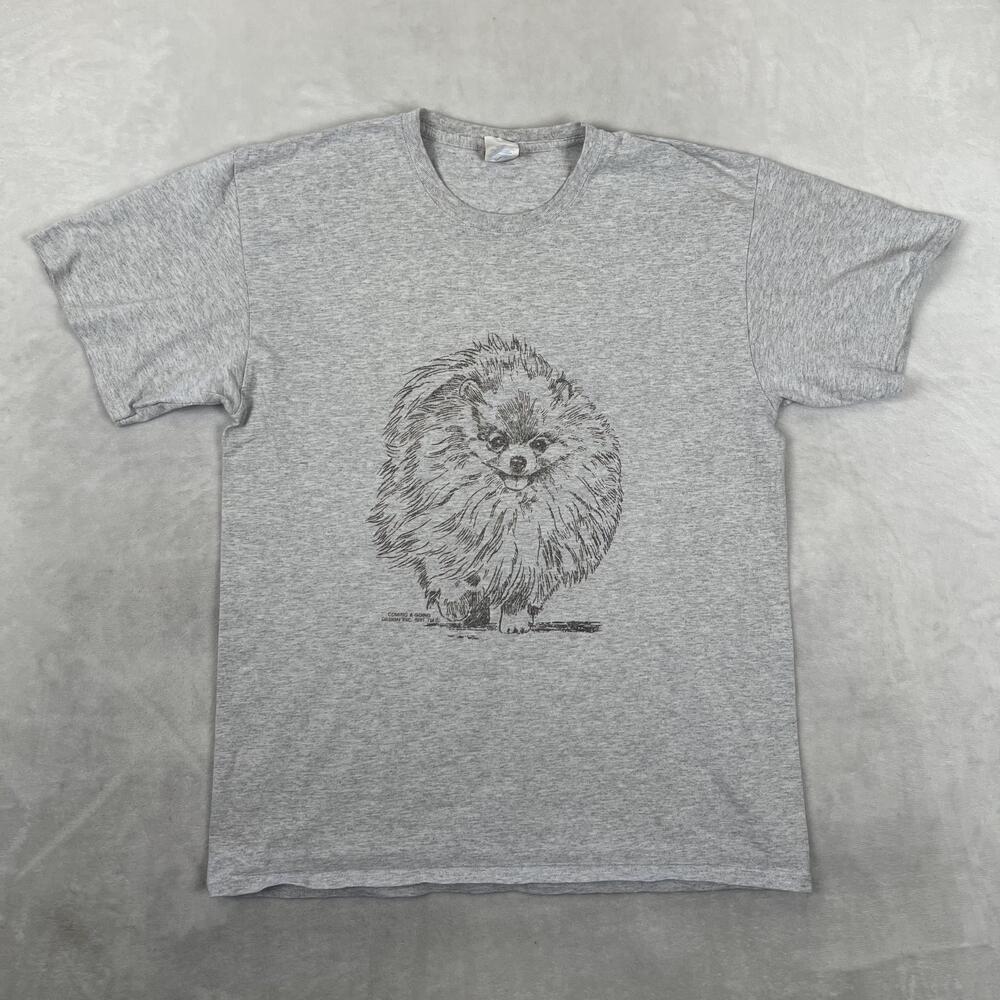 Vintage Coming & Going Pomeranian Dog T-Shirt Mens Large Gray Double Sided